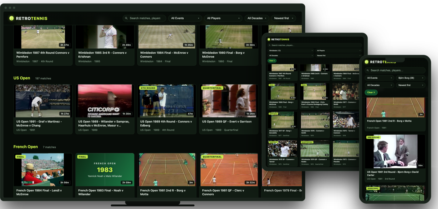 The Retro Tennis library shown on a laptop, tablet and phone — rows of classic matches grouped by tournament, each with a thumbnail, round and running time.